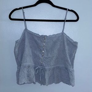 Large Aerie 100% cotton eyelet lace dusty smocked baby blue crop tank top